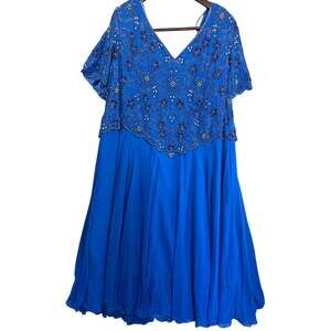 Scala Royal Blue Beaded Bodice Formal Dress Short Sleeve Women's Size 3X